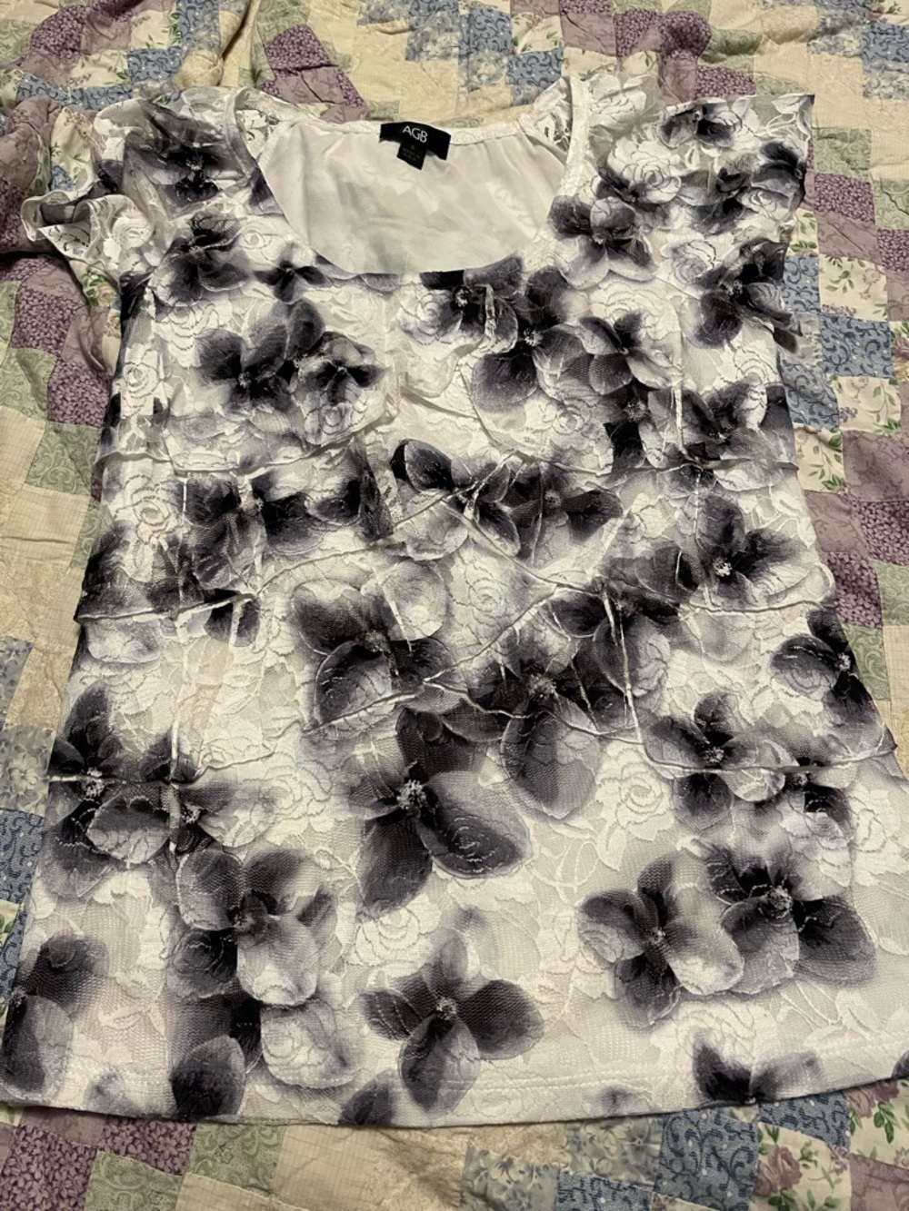 AGB Black & White Floral Lace Scoop Neck Tee